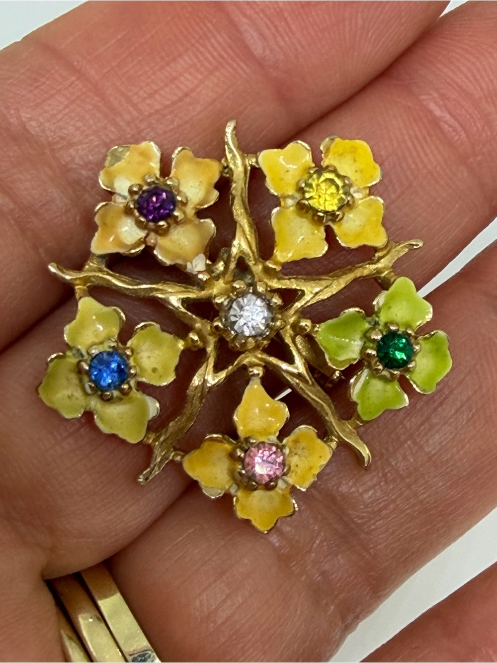 Vintage Floral Enamel Rhinestone Brooch Pin Multicolor Gold Tone Statement